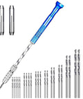 Premium 46 Piece Pin Vise Hand Drill Set With 45 Mini Twist Drill Bits Ranging From 0.3 To 3 Mm showing blue pin vise and steel bits.
