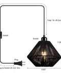 Black woven pendant light with 16.4ft cord and on/off switch, 2 Pack Woven Plug In Pendant Lights Black Rustic Farmhouse Style, 9.65 inch diameter.