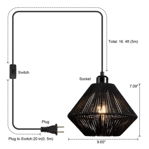 Black woven pendant light with 16.4ft cord and on/off switch, 2 Pack Woven Plug In Pendant Lights Black Rustic Farmhouse Style, 9.65 inch diameter.