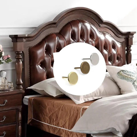 Total No Sweat Bronze Upholstery Thumb Tacks For Couch And Wall Wood Crafting Include Legit 100 Piece Kit displayed on tufted headboard.
