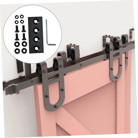 Flat Track Brackets And Mending Plates For Barn Door Track Connector Set with hex fixing holes and mounting screws installed