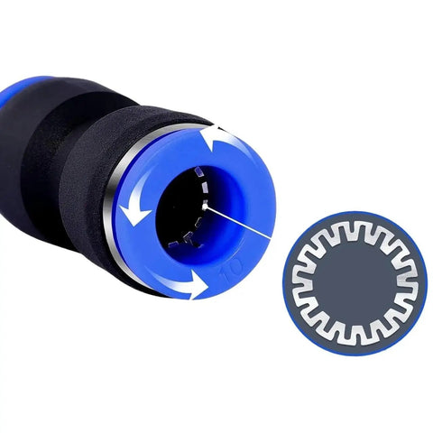 Close-up of Pneumatic Quick Release Fittings Kit for 4mm 6mm 8mm 10mm Hose Tubes Plastic Air Connector with blue rotary design.
