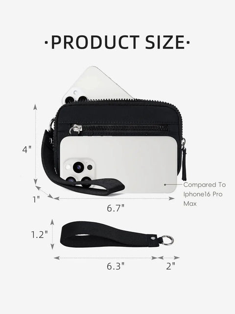 Women's Wristlet Wallet With RFID Blocking Quilted Nylon Phone Clutch And Zip Around Card Holder Purse size comparison with Pro Max