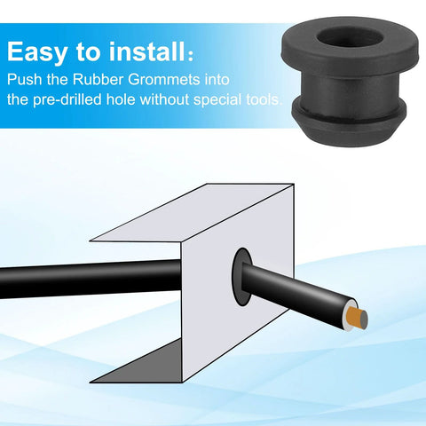 Diagram of Ten Millimeter Drill Hole Top Hat Rubber Grommets installation in a panel with cable passing through hole.