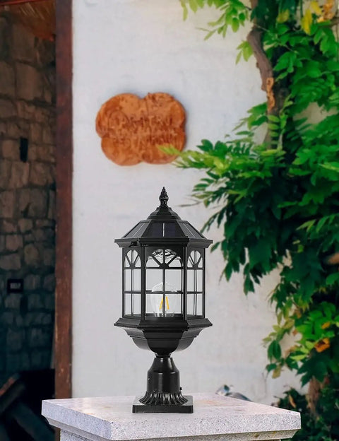 Solar Post Light Fixture For Outdoor Gardens And Patios With Vintage Die Cast Aluminum In Oil Rubbed Black And Clear Glass, Weather Resistant Pier Lamp, LED Warm White Or Cool White, No Fuss Install And Hardwired Ready
