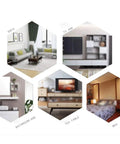 Collage of living room, TV stand, bathroom, tea table, and bedroom using 4 Piece Adjustable Triangle Table Leg Set With Non Slip Feet.