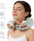 Woman using U Shaped Memory Foam Travel Pillow For Airplane And Car, Ergonomic Neck Support, Cozy Mushroom And Butterfly Plant Design