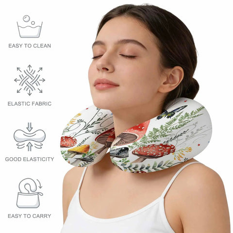 Woman using U Shaped Memory Foam Travel Pillow For Airplane And Car, Ergonomic Neck Support, Cozy Mushroom And Butterfly Plant Design