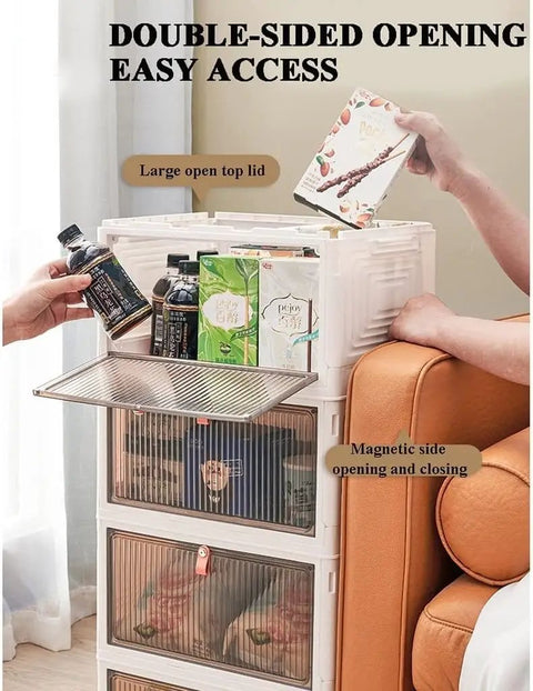 Clear Foldable Door Storage Organizer With Snap On Lids Stackable Polypropylene Hanging Bins shown with double-sided access and contents.