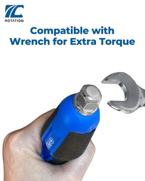 Hand holding Pro Grade Magnetic Screwdriver, compatible with wrench for extra torque, showing ergonomic handle and screw head.