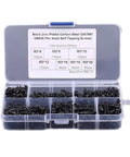 500 Piece M3 Self Tapping Screw Assortment Kit With Sturdy Storage Case showcasing black zinc plated screws in organized compartments.