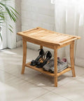 Must Have 100 Percent Bamboo Shower Bench With Storage Shelf, 24 Inch Waterproof Shower Chair in room with shoes
