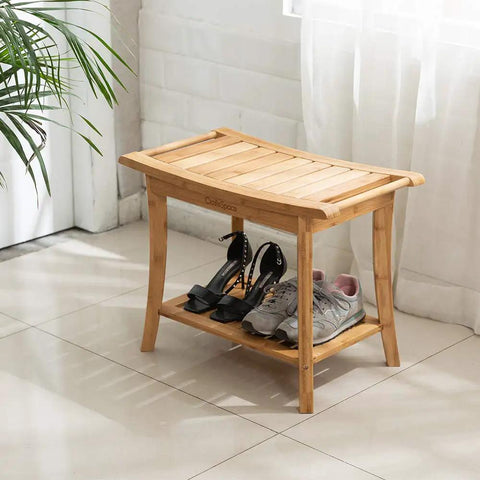 Must Have 100 Percent Bamboo Shower Bench With Storage Shelf, 24 Inch Waterproof Shower Chair in room with shoes