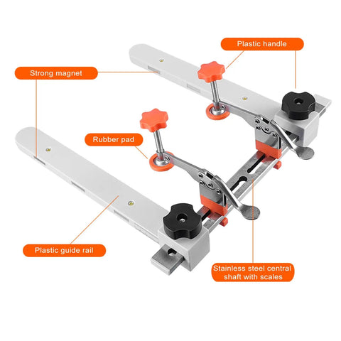 Heavy Duty Universal Draw Slide Guide Jig For Router Templates With Magnetic Quick Fix System, featuring strong magnet, rubber pad, and plastic guide rail.