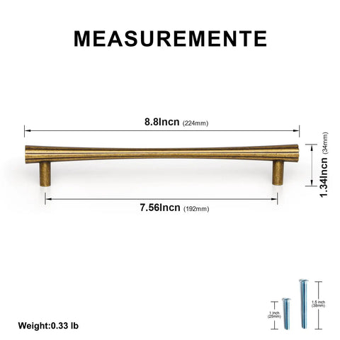 Antique Brass Cabinet Pulls Set, 7.56 Inch Hole Center Zinc Alloy Fluted Drawer Handles for Kitchen Cabinets, measurement details