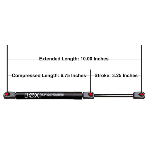 Durable Gas Spring Strut Replacement For Truck Pickup Toolbox Lid And Rv Cabinet Door Support Shock Lift Damper With Slick 10 Inch Stroke And Ridiculously Strong 10Mm Ball Ends Fast Swap Guaranteed shown with measurements and red ball ends.