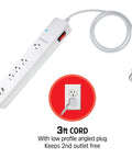Smart Wi Fi Power Strip Surge Protector With Four Outlets Two USB Ports Keeps Your Gear Fully Charged A Real Game Changer For Smart Homes Featuring Voice Commands And Totally Hassle Free App Scheduling, showing 3ft cord and low profile angled plug.