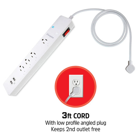 Smart Wi Fi Power Strip Surge Protector With Four Outlets Two USB Ports Keeps Your Gear Fully Charged A Real Game Changer For Smart Homes Featuring Voice Commands And Totally Hassle Free App Scheduling, showing 3ft cord and low profile angled plug.
