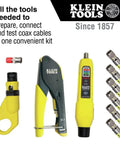 Coax Install And Test Kit With Crimp Tool, Tester, Stripper And Universal F Connectors shown in a complete set.