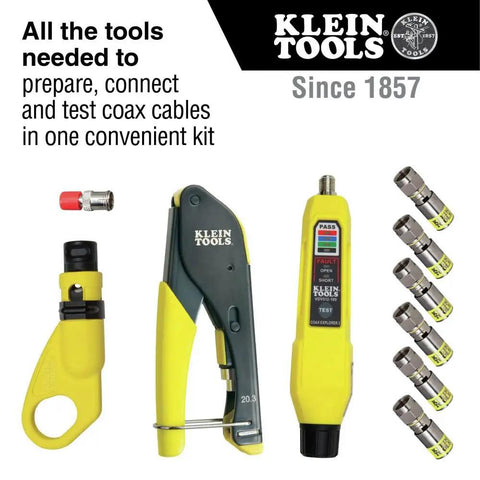 Coax Install And Test Kit With Crimp Tool, Tester, Stripper And Universal F Connectors shown in a complete set.