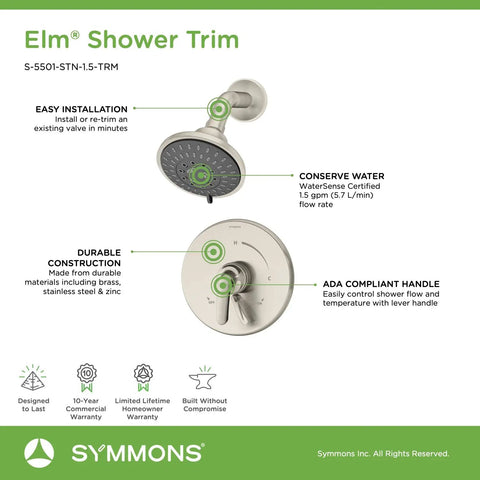 Elm Satin Nickel Shower Trim With Secondary Volume Control 5 Spray Round Showerhead ADA Compliant Brass And Zinc Lever