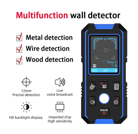 Heavy Duty Handheld No Sweat Stud Finder And Wall Scanner With Bright Digital Display showing features like metal, wire, and wood detection.
