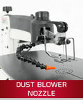 Heavy Duty 18 Inch Professional Scroll Saw Boasting Dead Nuts Cutting Accuracy With A Rock Solid Steel Table showing dust blower nozzle.