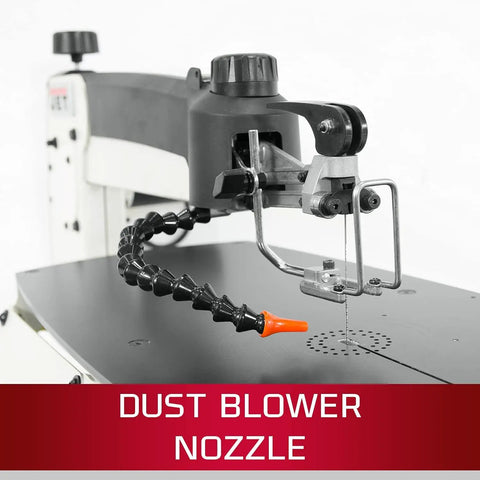 Heavy Duty 18 Inch Professional Scroll Saw Boasting Dead Nuts Cutting Accuracy With A Rock Solid Steel Table showing dust blower nozzle.