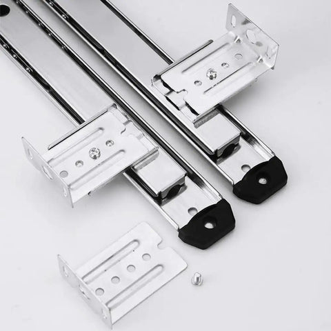 Heavy Duty Adjustable Underdesk Keyboard Slide Rail With Non Slip Skid Side Mount 35 Key Computer Drawer Track Quick Install close-up of metal tracks