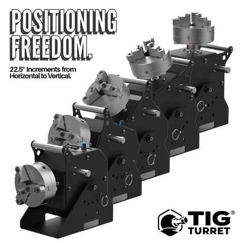 Heavy Duty Compact Rotary Welding Positioner Turntable Featuring Smooth As Butter Stepless Rotation Foot Pedal Control And Rock Solid Adjustable Head For Killer TIG Builds with multiple adjustments for angled positioning.