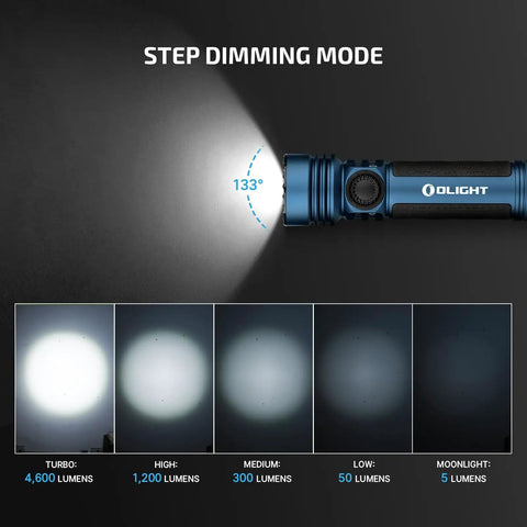 Seeker 4 Pro Rechargeable Flashlight 4600 Lumens With USB C Port IPX8 Waterproof showing step dimming mode feature