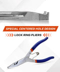 9 Inch Heavy Duty Snap Ring Pliers With Angled Tip Spring Loaded Lock Ring Pliers For Automotive Transmission Clutch Shafts And Bearing Retaining Rings Durable Hardened Steel With Electrophoretic Coating For Easy One Handed Operation, shown with special centered hole design.