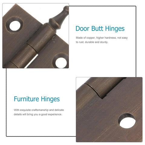 Close-up of vintage copper cabinet butt hinges showing multi-position screw holes and smooth quiet operation.