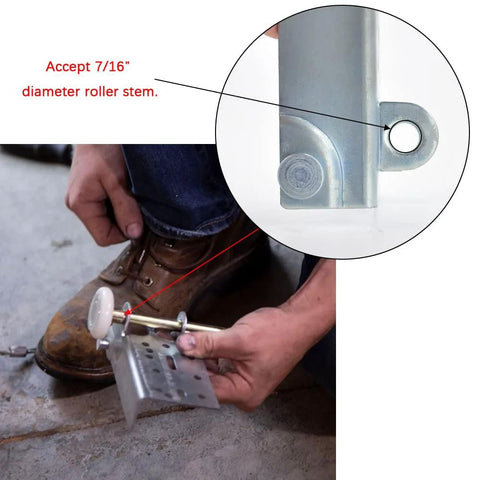 Installing bottom lifting brackets for sectional garage doors with seven sixteenth inch stem rollers, close-up view with stem detail.