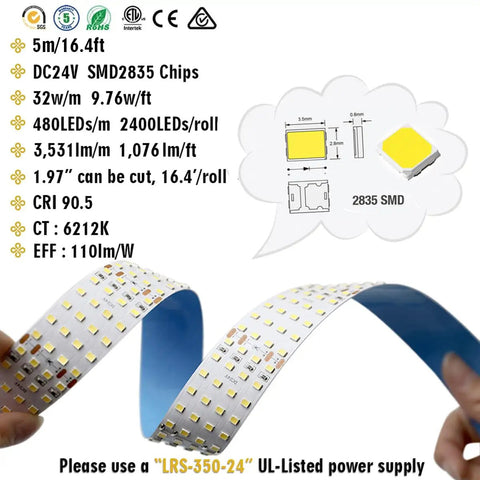Quad Row 24V DC LED Strip Light Daylight White 90 CRI Flexible Tape 5m 16.4ft 17,650 Lumens Per Roll For Retail Shops And Videography Lighting IP20 Pro Grade Bright showing chip design and flexibility