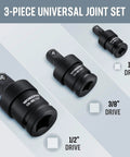 Impact Universal Joint Socket Set, Three Piece Drive Sockets One Half Inch, Three Eighths Inch, One Quarter Inch, Swivel Adapters