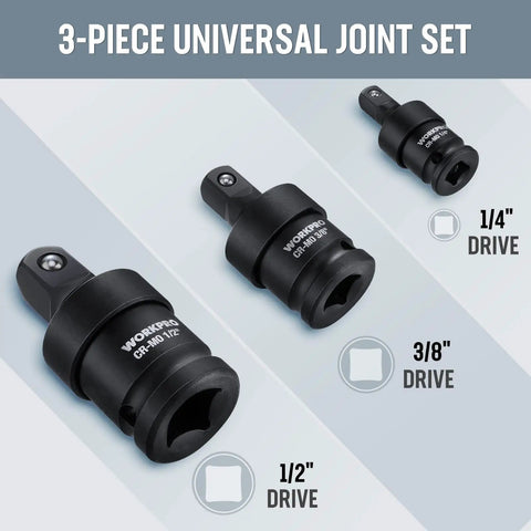 Impact Universal Joint Socket Set, Three Piece Drive Sockets One Half Inch, Three Eighths Inch, One Quarter Inch, Swivel Adapters