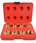 Top Shelf 9 Piece Brass Router Template Guide Bushing Set Fits Porter Cable And Most Routers in red case with brass bushings