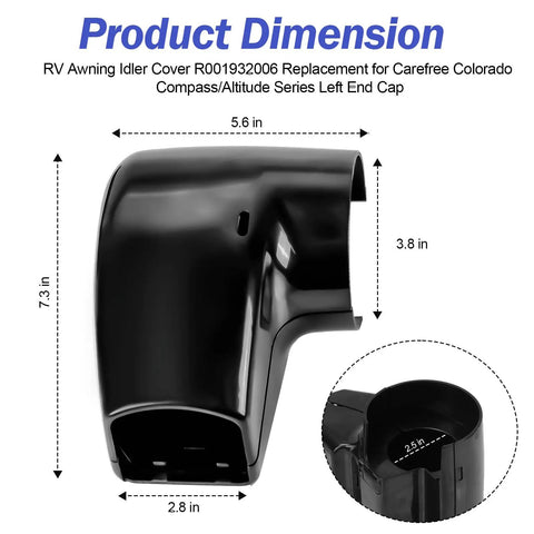 RV Awning Idler Cover Replacement For Non Motor Left End Cap Compatible With Carefree Colorado Compass Altitude Series LH Idler End Cover For Non Motor Awnings Easy Install, black plastic, dimensions shown