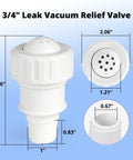 Front view of white 3/4-inch PVC vacuum relief valve for pool solar heating panels with threaded male end