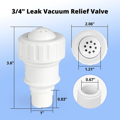 Front view of white 3/4-inch PVC vacuum relief valve for pool solar heating panels with threaded male end