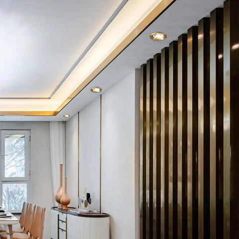 12 Pack Real Deal Copper LED Recessed Ceiling Lights, 12W Dimmable Downlights With Slick Baffle Trim installed in modern dining area.