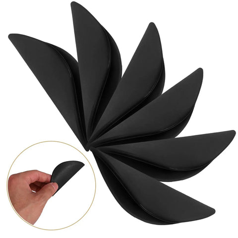 Six Pack Black Semicircle Push Pull Handles With Self Adhesive Edge Tabs For Cabinets Drawers Wardrobes And Furniture Easy Peel And Stick Finger Pulls For Instant Kitchen And Home Makeover displayed in a fan shape with hand showing adhesive side