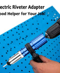 Hand using Beast Pro Grade Cordless Electric Rivet Gun Adapter Kit with 3 claw head on blue metal sheet