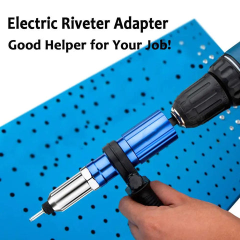 Hand using Beast Pro Grade Cordless Electric Rivet Gun Adapter Kit with 3 claw head on blue metal sheet