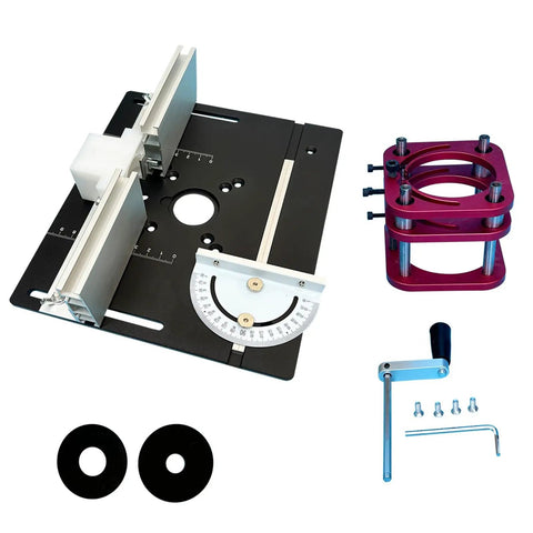 Prime Time Aluminum Router Lift System With Insert Plate For 65Mm Motors, 51Mm manual stroke, black and red components, precision woodworking.