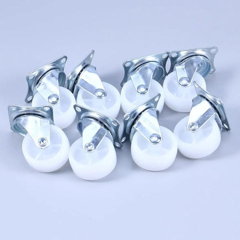 8 Pcs Inch Swivel PP Caster Wheels for Furniture and Workbench, set of white wheels with metal mounts, designed for smooth movement.