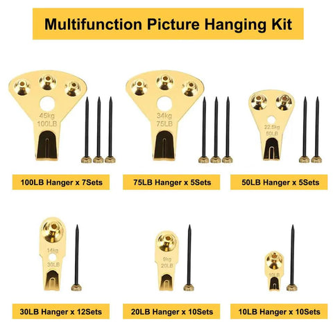Heavy Duty 125 Piece Picture Hanging Kit With Tough Nails And Wall Anchors For Drywall And Wood Surfaces Handles Big Canvas Loads Like A Champ Every Single Time, showing various weight hangers and nails.