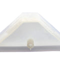 White durable plastic triangle bracket with off-center screw hole, part of 12 Pack 90 Degree Cabinet Triangle Brackets, 2.5 x 2.5 x 0.75 inches.