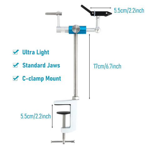 Ultra Lightweight Rotary Fly Tying Vise With 360 Degree Rotation Aluminum Alloy Build Rust Free Includes Portable Carry Bag C Clamp Mount Flexible Jig Tying Kit For Fly Fishing Enthusiasts, shown with dimensions and features.
